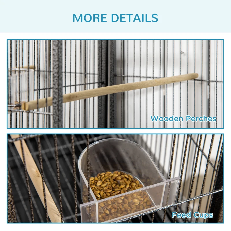 PawHut Rolling 65"L Bird Cage w/ Storage Shelf Wood Perch Food Container
