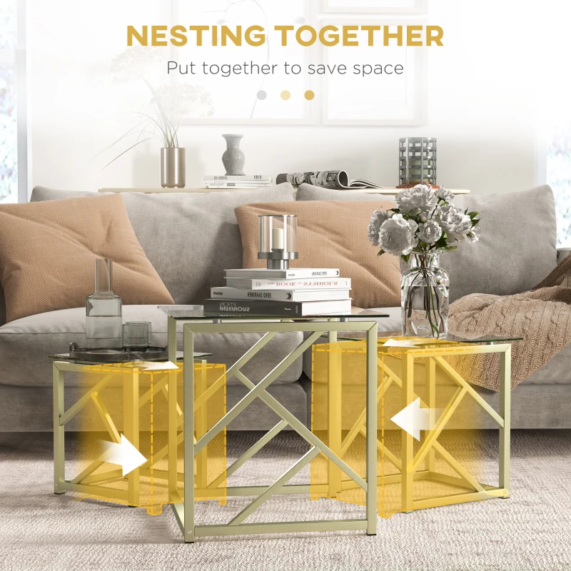 HOMCOM Glass Coffee Table Set of 3, Nest of Tables for Living Room with Tempered Glass Top and Steel Frame, Brushed Gold