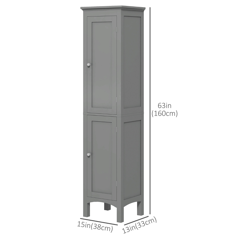 kleankin Tall Bathroom Cabinet, Freestanding Storage Organizer with Adjustable Shelves and Cupboards, 15" x 13" x 63", Grey