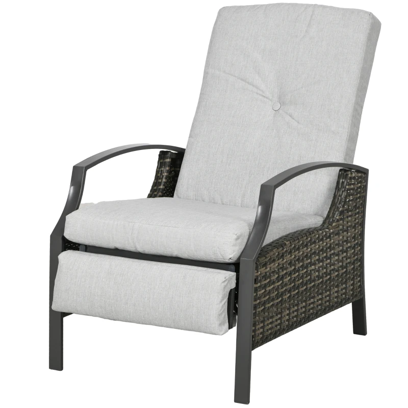 Outsunny Outdoor Rattan Recliner Chair, Wicker Reclining Chair with Adjustable Back Retractable Footrest Cushion Light Grey