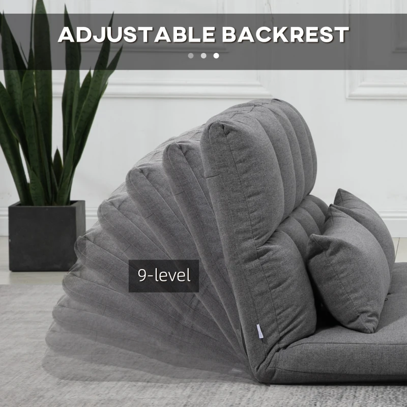 HOMCOM 51" Folding Floor Sofa, Foldable 2-Seater Lazy Sofa Sleeper Bed, Adjustable Linen Floor Couch with 9-position Backrest, 2 Pillows and Wide Seat for Living Room, Grey