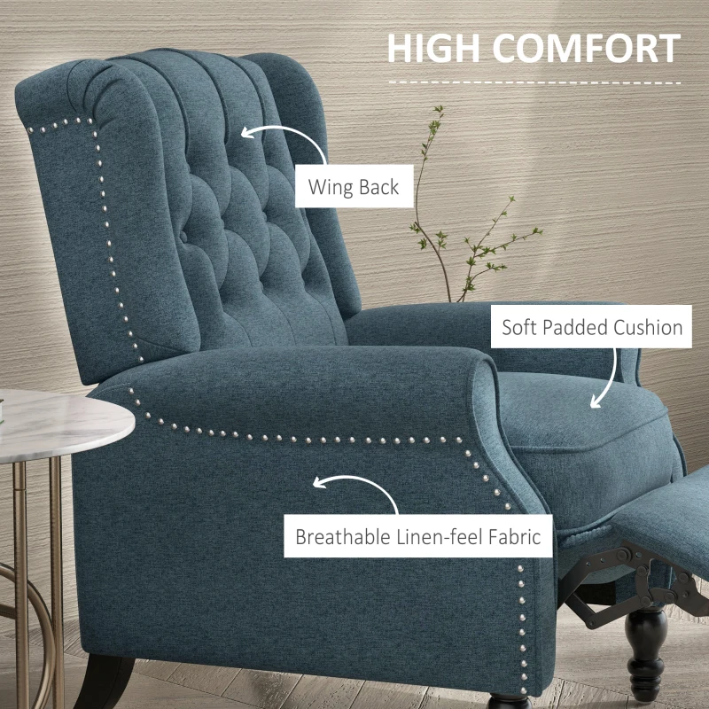 HOMCOM Wingback Reclining Chair with Footrest, Button Tufted Recliner Chair with Rolled Armrests for Living Room, Blue