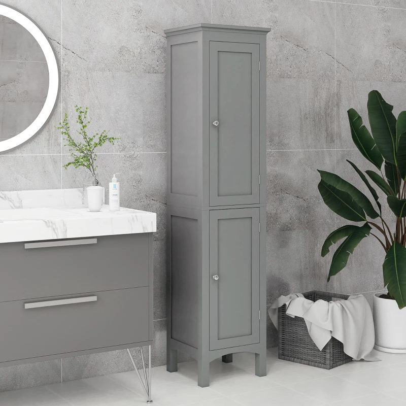 kleankin Tall Bathroom Cabinet, Freestanding Storage Organizer with Adjustable Shelves and Cupboards, 15" x 13" x 63", Grey