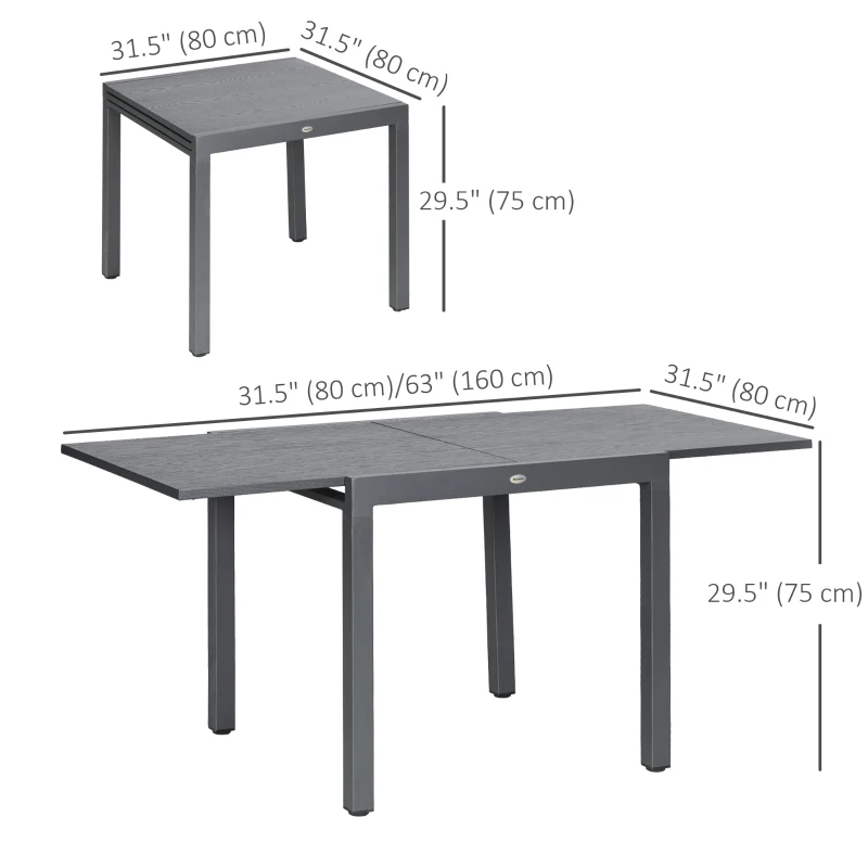 Outsunny 31.5"-63" Extendable Outdoor Dining Table for 4-6 with Aluminium Frame, Steel Tabletop Dark Grey