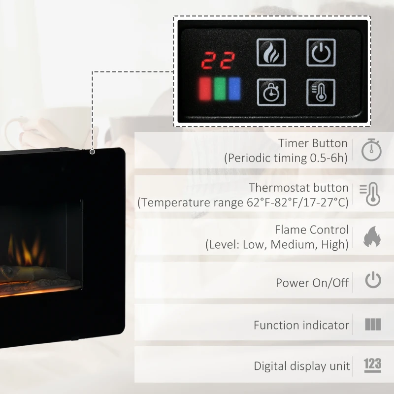 HOMCOM Electric Wall-Mounted Fireplace Heater with Adjustable Flame Effect, Remote Control, Timer, 1400W, Black