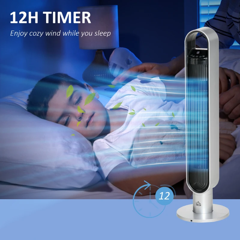 HOMCOM Freestanding Tower Fan Cooling for Home Bedroom with Oscillating, 3 Speed, 12h Timer, LED Sensor Panel, Remote Controller, Silver