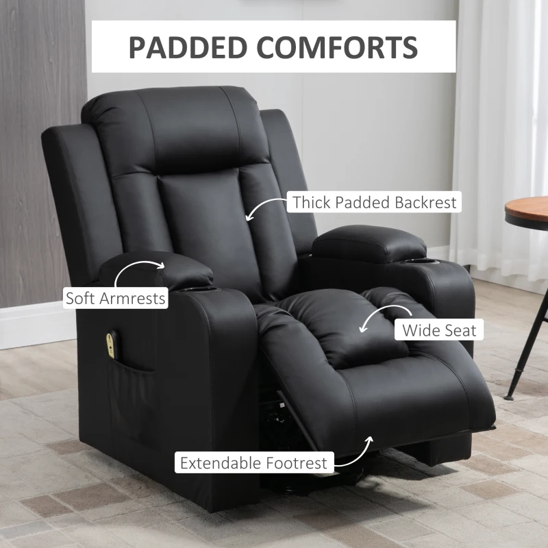 HOMCOM Electric Power Lift Chair for Elderly, PU Leather Recliner Chair with Footrest, Remote Control, Side Pockets and Cup Holders for Living Room, Black
