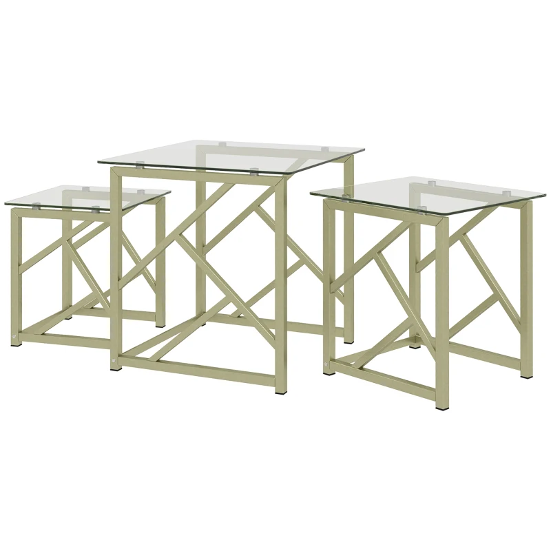 HOMCOM Glass Coffee Table Set of 3, Nest of Tables for Living Room with Tempered Glass Top and Steel Frame, Brushed Gold