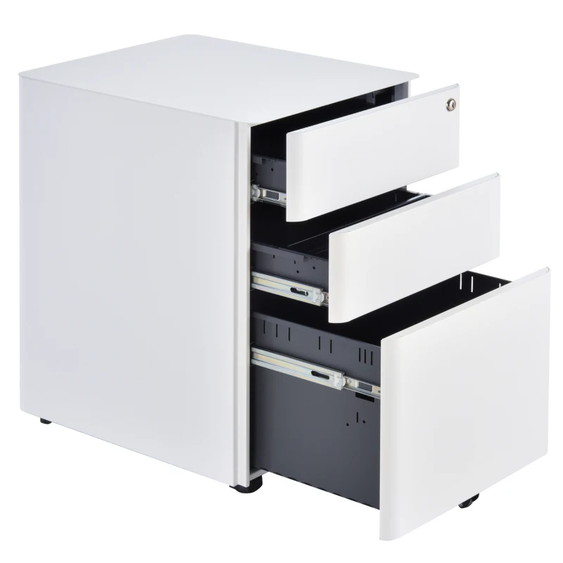 Vinsetto 3 Drawer Filing Cabinet, Steel Home Office Storage Cabinet with Wheels, Lock for A4, Letters, Legal-sized Files, White