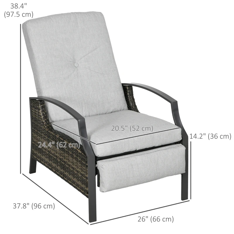 Outsunny Outdoor Rattan Recliner Chair, Wicker Reclining Chair with Adjustable Back Retractable Footrest Cushion Light Grey