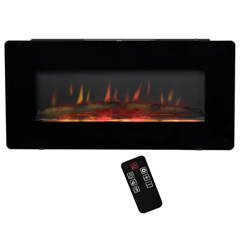 HOMCOM Electric Wall-Mounted Fireplace Heater with Adjustable Flame Effect, Remote Control, Timer, 1400W, Black