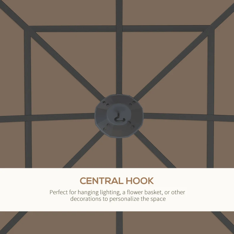 Outsunny 10' x 10' Outdoor Hardtop Gazebo Canopy with UV60+ Polycarbonate Roof, Steel Frame, Central Hook, Curtains, Khaki