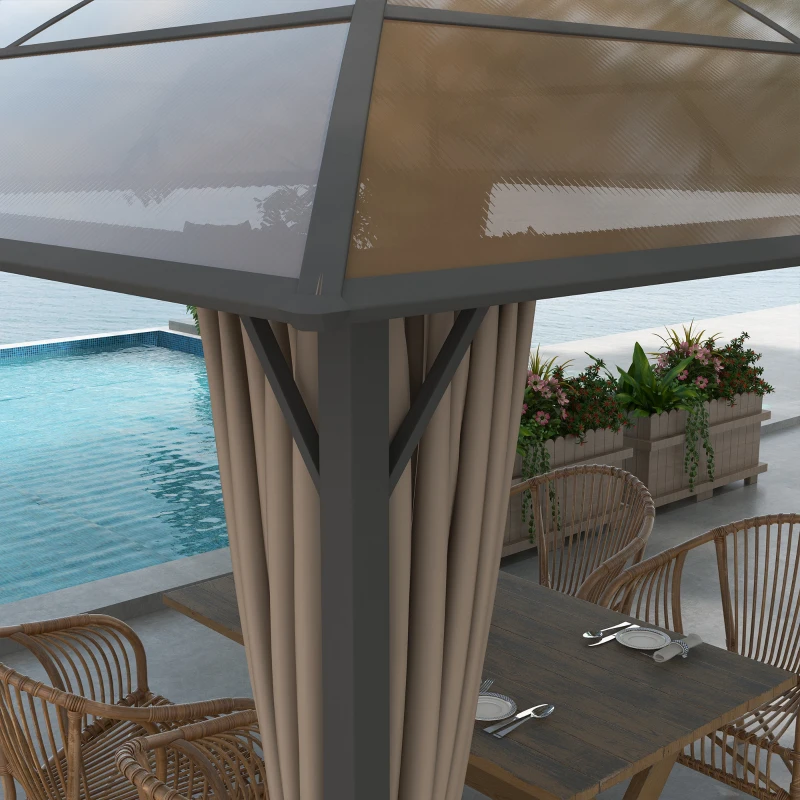 Outsunny 10' x 10' Outdoor Hardtop Gazebo Canopy with UV60+ Polycarbonate Roof, Steel Frame, Central Hook, Curtains, Khaki
