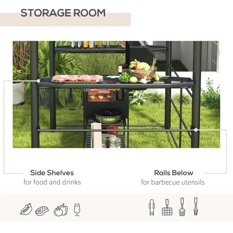 Outsunny 8' x 5' Grill Gazebo Shelter with Interlaced Vented Polycarbonate Roof, Outdoor BBQ Canopy with Side Shelves, Steel Frame for Garden, Patio, Backyard, Dark Gray