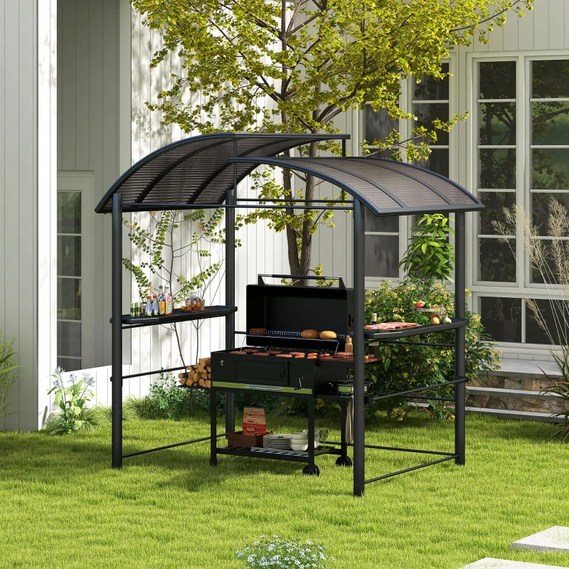 Outsunny 8' x 5' Grill Gazebo Shelter with Interlaced Vented Polycarbonate Roof, Outdoor BBQ Canopy with Side Shelves, Steel Frame for Garden, Patio, Backyard, Dark Gray
