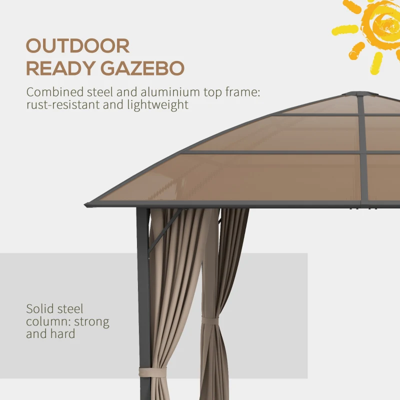 Outsunny 10' x 10' Outdoor Hardtop Gazebo Canopy with UV60+ Polycarbonate Roof, Steel Frame, Central Hook, Curtains, Khaki