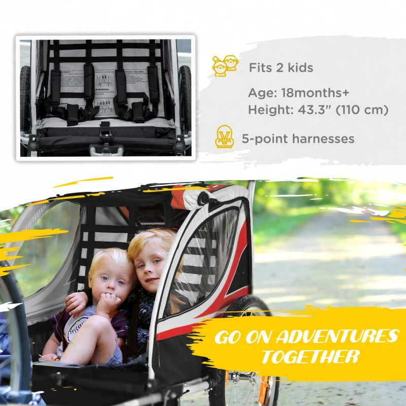 Aosom 2 Seat Bike Trailer for Kids 2-in-1 Double Baby Jogging Stroller with Handbrake, Rubber Wheels, 5 Point Harness, Waterproof Cover, Storage Bag, Reflectors, Red