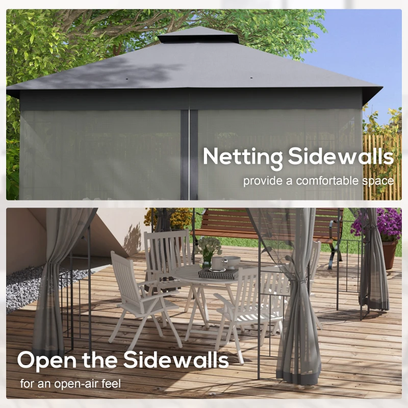 Outsunny 10' x 11.5' Metal Patio Gazebo, Double Roof Outdoor Gazebo Canopy Shelter w/Tree Motifs Corner Frame and Netting, Gray