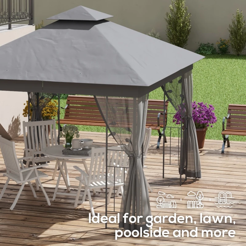 Outsunny 10' x 11.5' Metal Patio Gazebo, Double Roof Outdoor Gazebo Canopy Shelter w/Tree Motifs Corner Frame and Netting, Gray