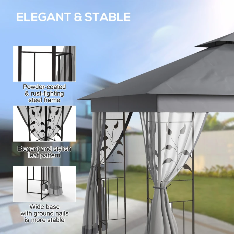 Outsunny 10' x 11.5' Metal Patio Gazebo, Double Roof Outdoor Gazebo Canopy Shelter w/Tree Motifs Corner Frame and Netting, Gray