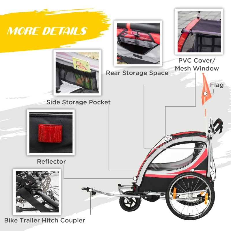 Aosom 2 Seat Bike Trailer for Kids 2-in-1 Double Baby Jogging Stroller with Handbrake, Rubber Wheels, 5 Point Harness, Waterproof Cover, Storage Bag, Reflectors, Red