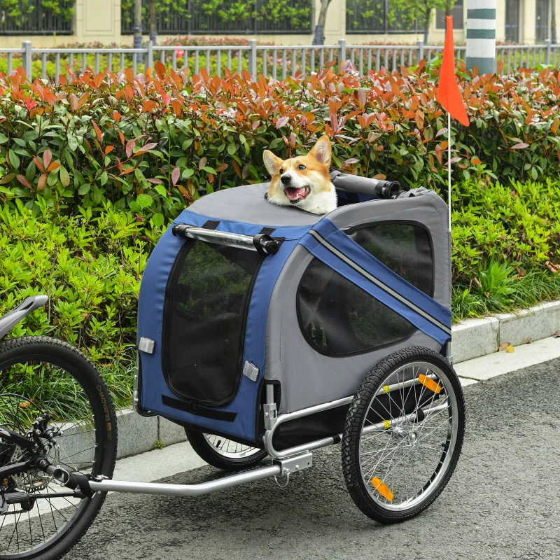 Aosom Bike Trailer Cargo Cart for Dogs and Pets with 3 Entrances Large Wheels for Off-Road & Mesh Screen, Blue/Gray