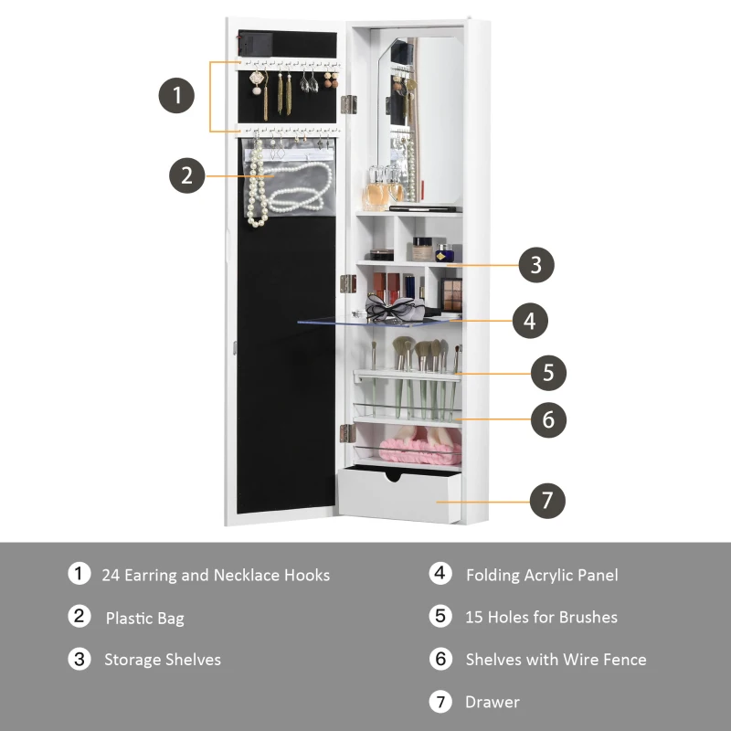 HOMCOM Jewellery Armoire with Mirror, Jewellery Cabinet with 18 LED Lights, Wall-Mounted and Over-The-Door Cabinet with 3 Mountable Heights and Drawer, White