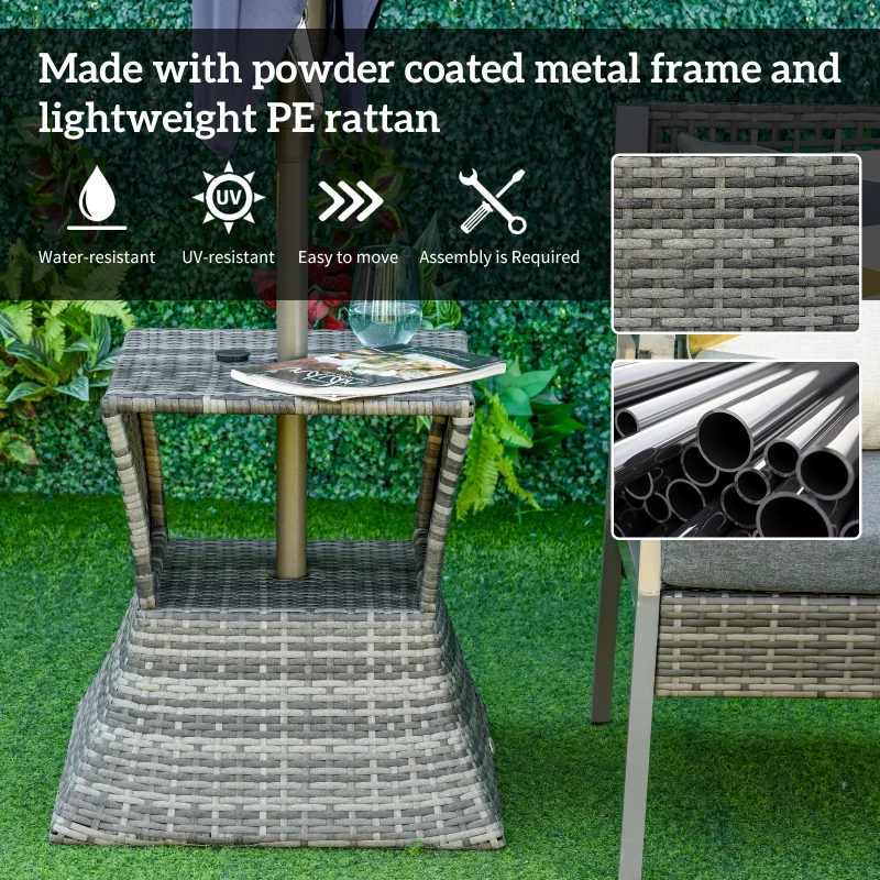 Outsunny Outdoor Side Table with Umbrella Hole, 2 Tier Rattan Wicker End Table with Storage Shelf, All Weather for Outdoor, Patio, Garden, Backyard, Mixed Gray