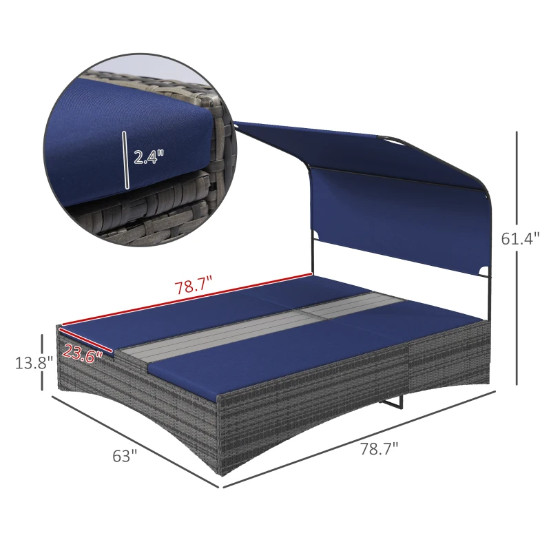 Outsunny PE Rattan Outdoor Double Chaise Lounge, Reclining Daybed with Canopy, Wood-Plastic Composite Middle Table, Dark Blue