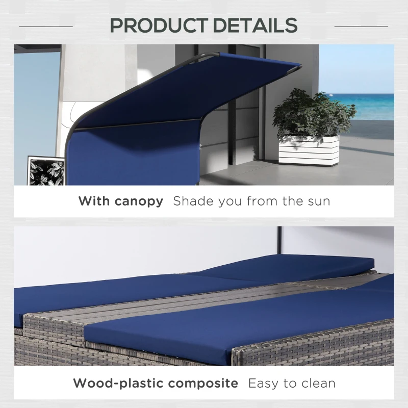 Outsunny PE Rattan Outdoor Double Chaise Lounge, Reclining Daybed with Canopy, Wood-Plastic Composite Middle Table, Dark Blue