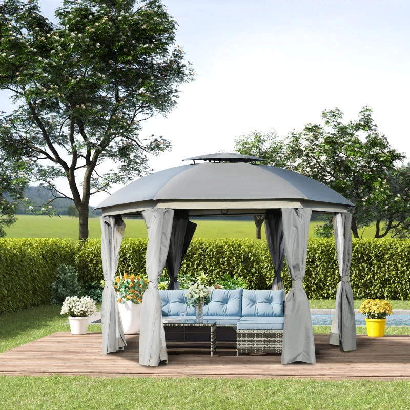 Outsunny 12' Round Patio Gazebo Canopy with 2-Tier Roof, Ventilated Outdoor Shelter, Grey