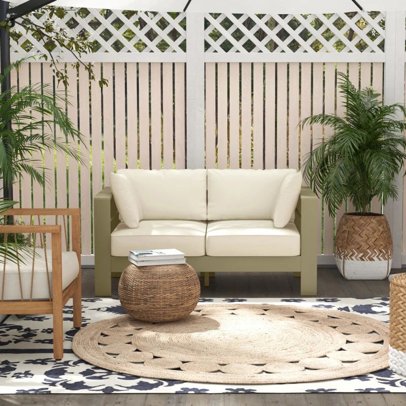 Outsunny Patio Loveseat, Outdoor Seating for 2, Garden Sofa with Cushions, Wide Armrests, 54.3"x27.6"x24.6", Cream White