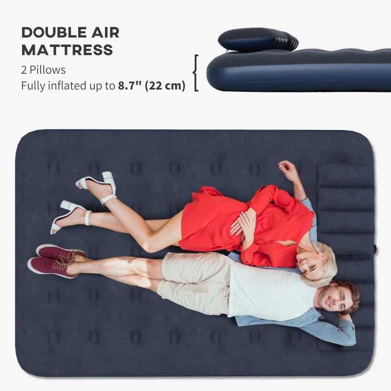 Outsunny Twin Air Mattress, Inflatable Double Air Bed with 2 Pillows, Hand Pump, Flocked Surface for Guest, Camping, Travel, Blue