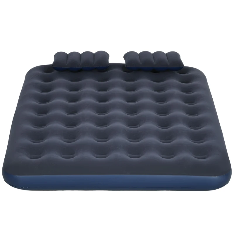 Outsunny Twin Air Mattress, Inflatable Double Air Bed with 2 Pillows, Hand Pump, Flocked Surface for Guest, Camping, Travel, Blue