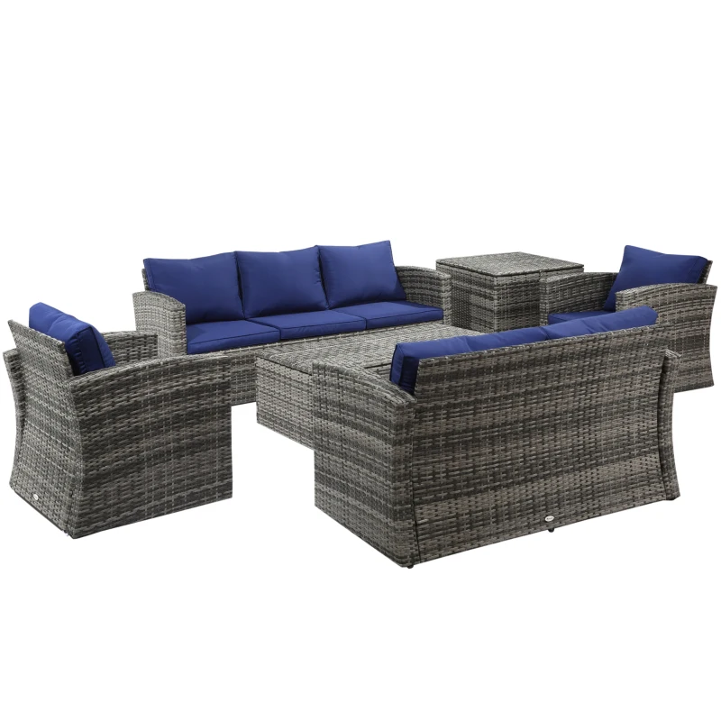 Outsunny 6 Pieces Wicker Patio Furniture Set with Cushions, 7-Seater Rattan Patio Sofa Set with Storage Coffee Table & Side Table, Sectional Outdoor Furniture Set, Blue