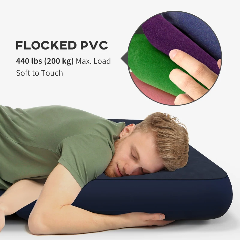 Outsunny Air Mattress Queen, Inflatable Air Bed with Flocked Surface for Guest, Camping, Travel, Dark Blue