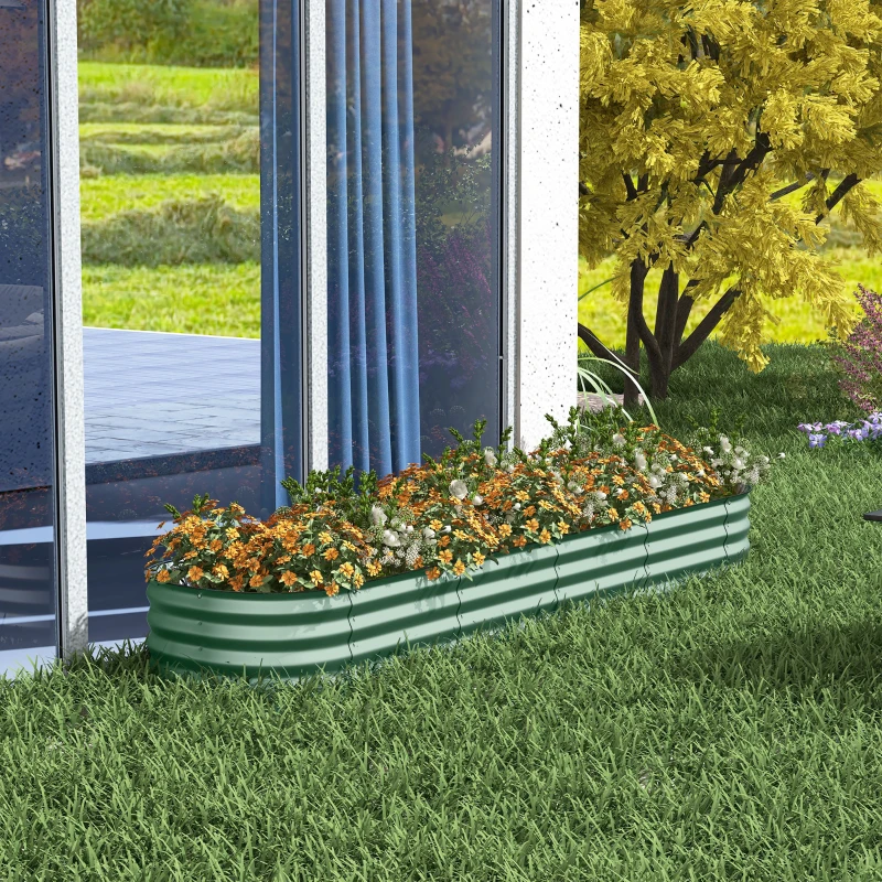 Outsunny 8x2 Galvanized Raised Garden Bed Kit, Green Metal Elevated Planter Box for Flowers, Herbs & Vegetables, with Safety Edging