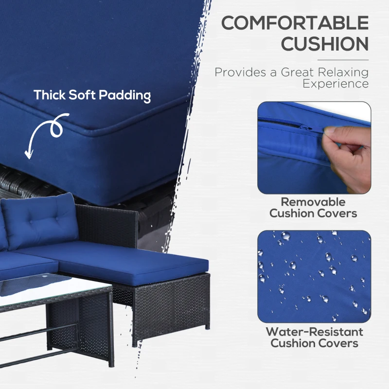 Outsunny 3pcs Outdoor Rattan Wicker Sofa and Chaise Lounge Set with Cushion Garden Patio Furniture Black and Dark Blue