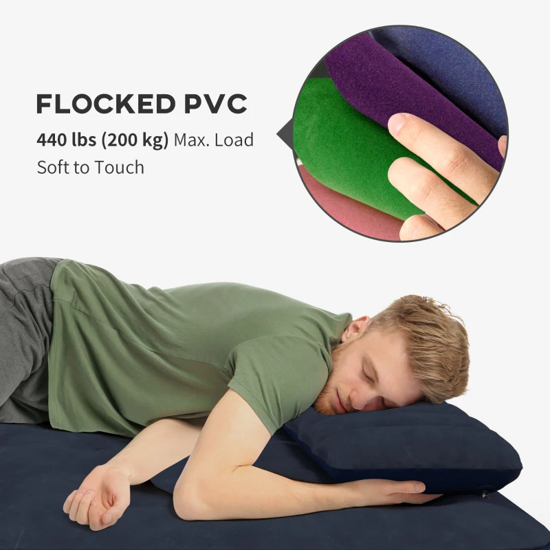 Outsunny Twin Air Mattress, Inflatable Double Air Bed with 2 Pillows, Hand Pump, Flocked Surface for Guest, Camping, Travel, Blue