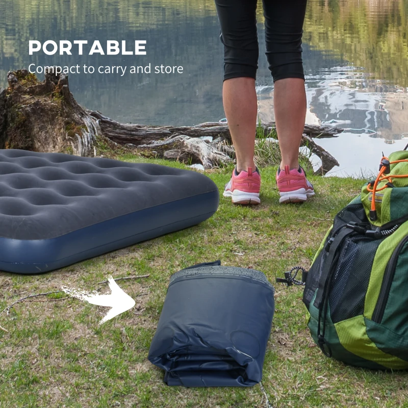 Outsunny Air Mattress Queen, Inflatable Air Bed with Flocked Surface for Guest, Camping, Travel, Dark Blue