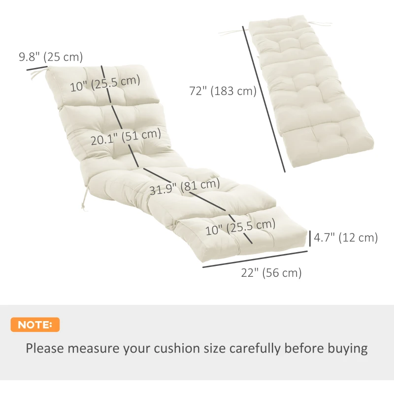 Outsunny Set of 2 Outdoor Chaise Lounge Cushions, 72" x 22" x 4.7" Patio Lounge Chair Cushions with Ties for Outdoor, Indoor, Cream White
