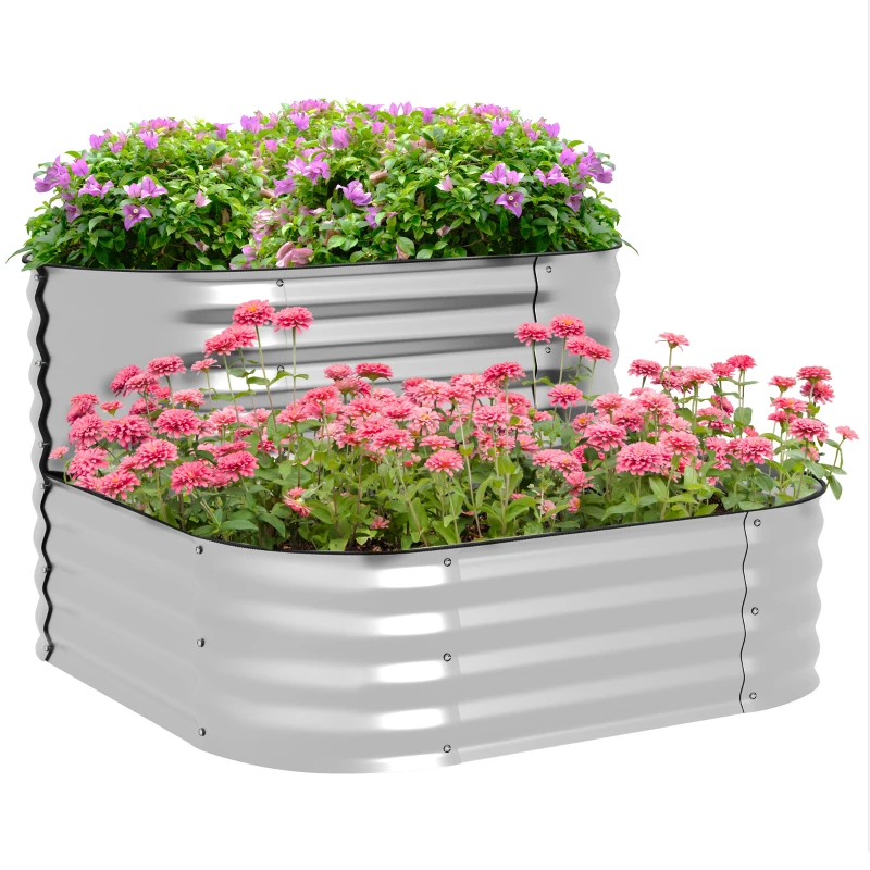 Outsunny 3.4'x3.4'x1' Outdoor Raised Garden Bed, 2-Tier Galvanized Planter Box with Safety Edging for Vegetable, Flower, Fruit