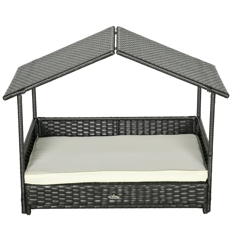 PawHut Outdoor Dog Bed Extendable Wicker Dog Bed w/ Waterproof Roof, Soft Cushion, for Small and Medium Dogs, Cream White