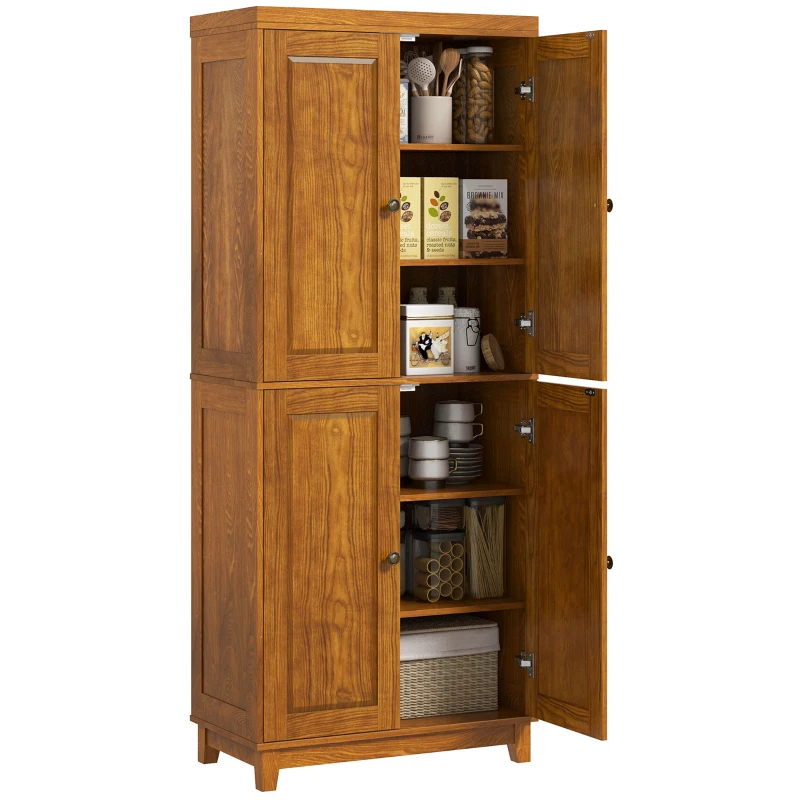 HOMCOM 72.5" Wood Kitchen Pantry Cabinet, Farmhouse Storage Organizer with 2 Adjustable Shelves, Soft Close, Mahogany