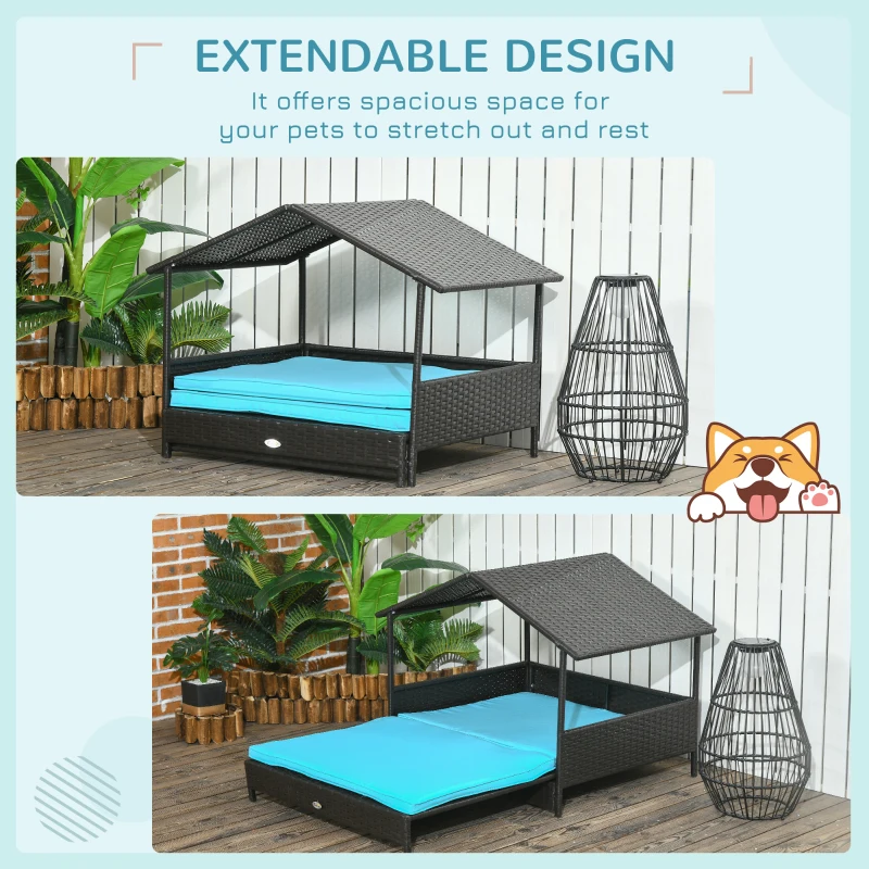 PawHut Outdoor Dog House Extendable Wicker Dog Bed with Soft Cushion Washable Cover, for Small and Medium Dogs, Blue