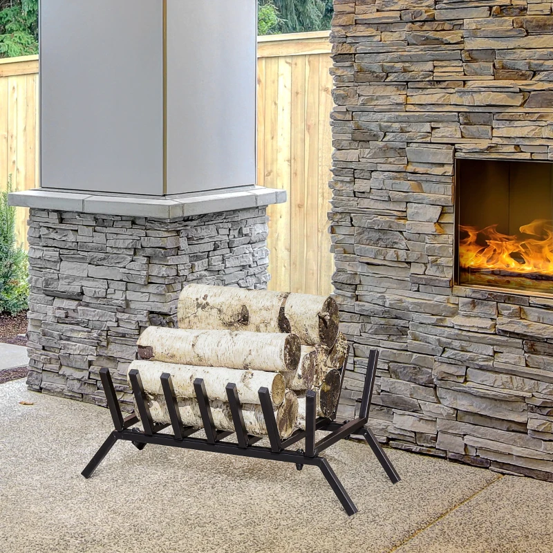 Outsunny 24" Firewood Log Rack Fireplace Log Holder Stylish Wood Storage Basket Carrier, for Outdoor and Indoor Use, Black