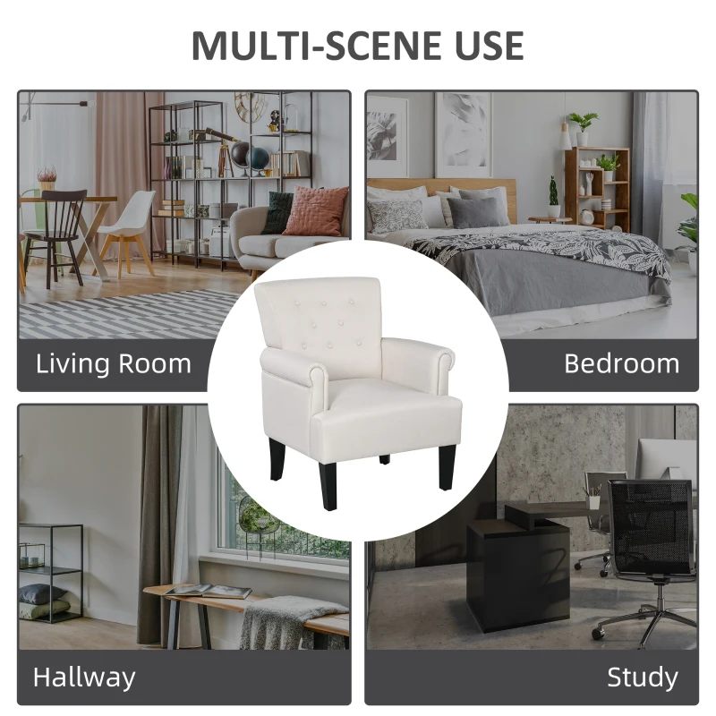 HOMCOM Armchair, Fabric Accent Chair, Modern Living Room Chair with Wood Legs and Rolled Arms for Bedroom, Cream White