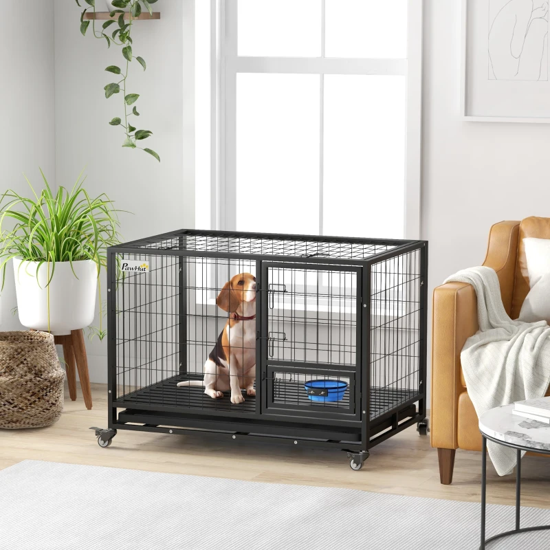 PawHut 43" Heavy Duty Dog Kennel w/ Bowl Holder, Wheels, Openable Top, Removable Tray for Medium & Large Dogs, Black