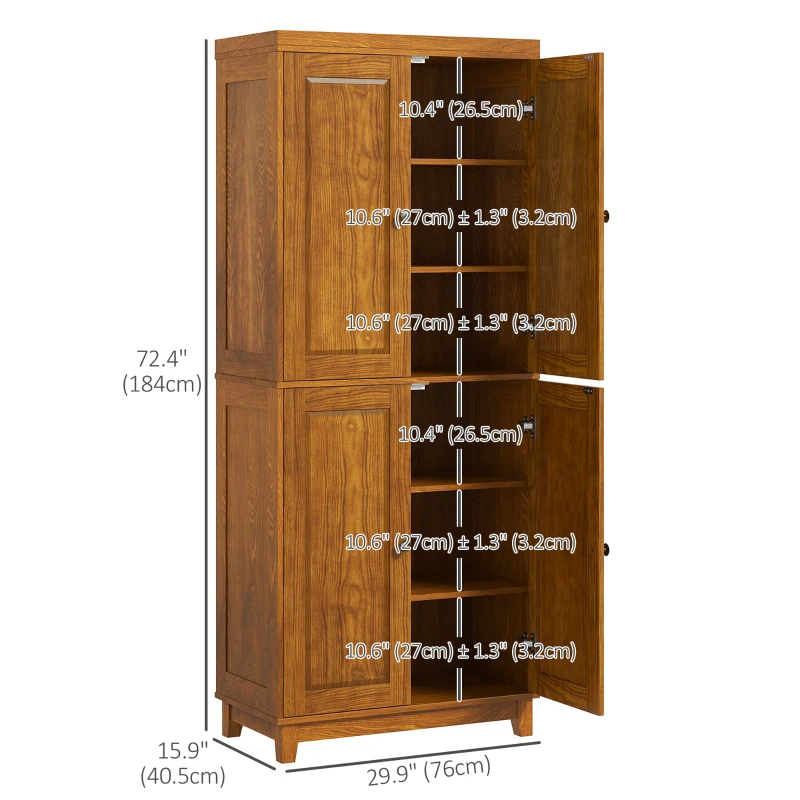 HOMCOM 72.5" Wood Kitchen Pantry Cabinet, Farmhouse Storage Organizer with 2 Adjustable Shelves, Soft Close, Mahogany