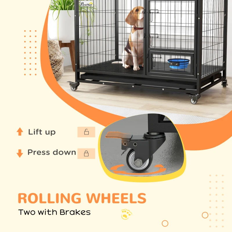 PawHut 43" Heavy Duty Dog Kennel w/ Bowl Holder, Wheels, Openable Top, Removable Tray for Medium & Large Dogs, Black